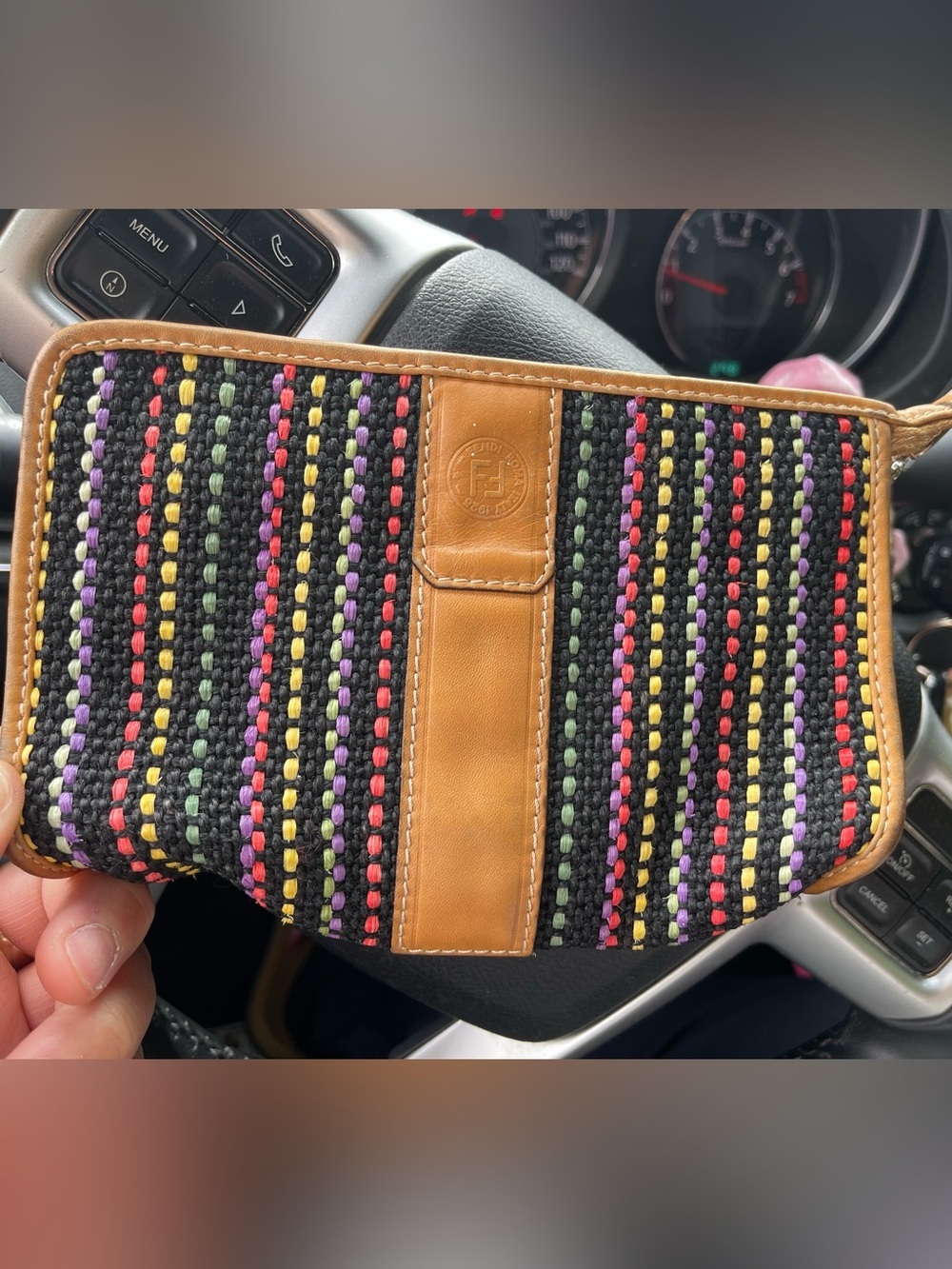 Fendi Black Woven Raffia Clutch with Tan Leather Trim and Multicolor Stitching